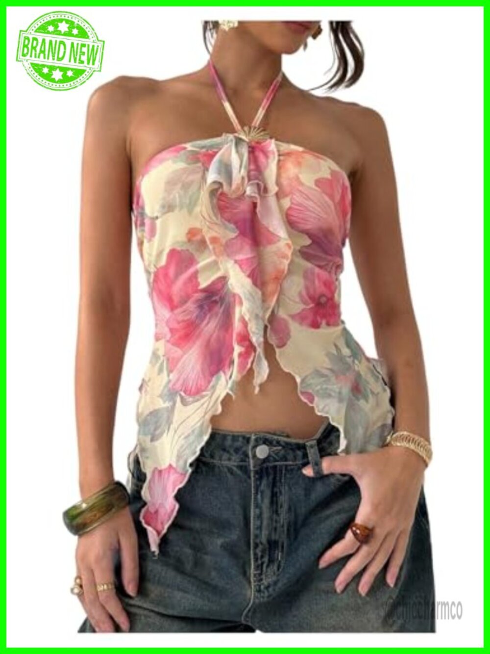 Women's Floral Mesh Ruffle Halter Top Tie Knot Backless Asymmetrical Hem
